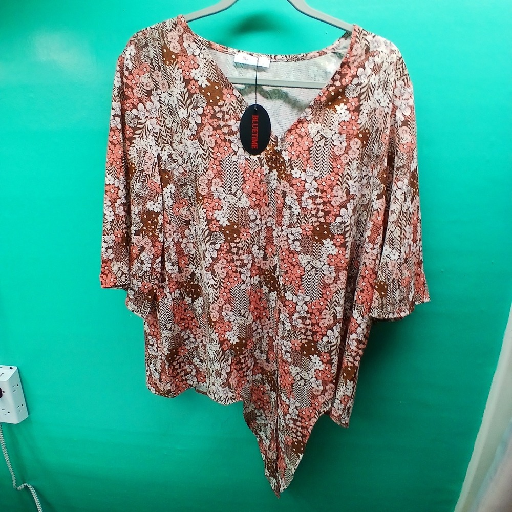 BLUETIME Women's Floral Print Asymmetrical Tunic Top‎ Size L
